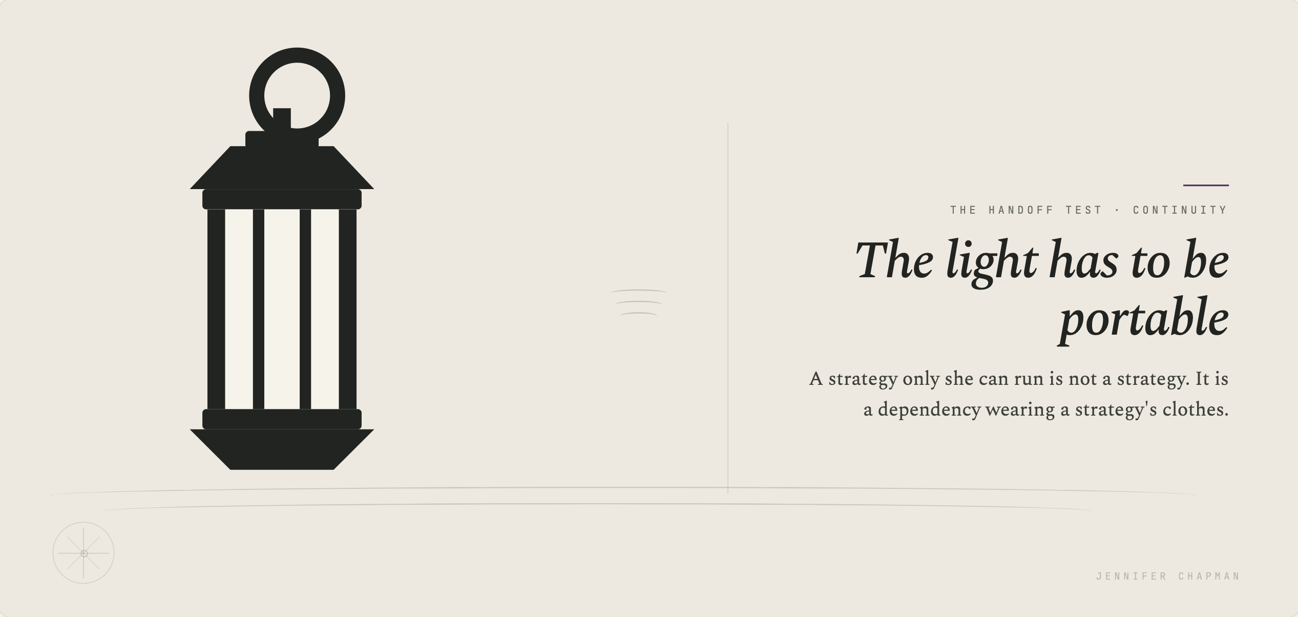 A lantern held aloft, with the caption A strategy only she can run is not a strategy. It is a dependency wearing a strategy's clothes.